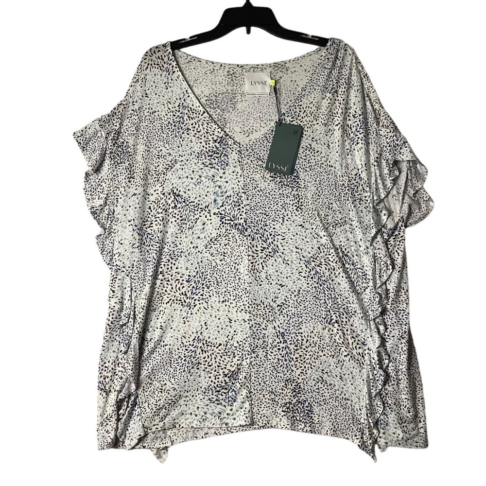 LYSSÉ New York‎ Blouse Women Size 1X Prismwhite Viscose Blend V-Neck Ruffles NEW